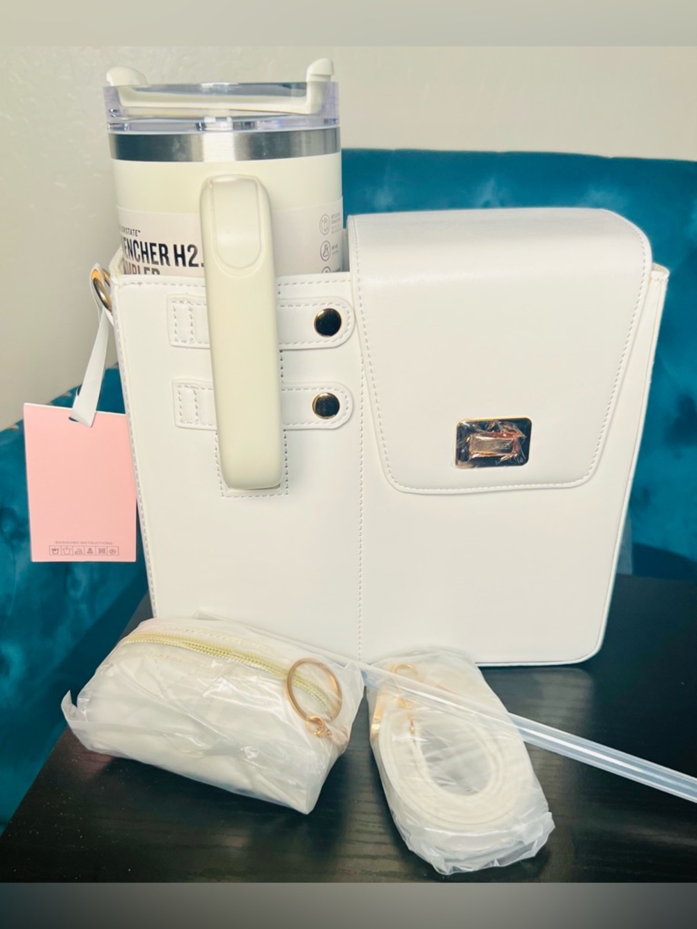 White 40oz Stanley Tumbler with Crossbody Bag Cup Holder with Keychain Pouch NWT